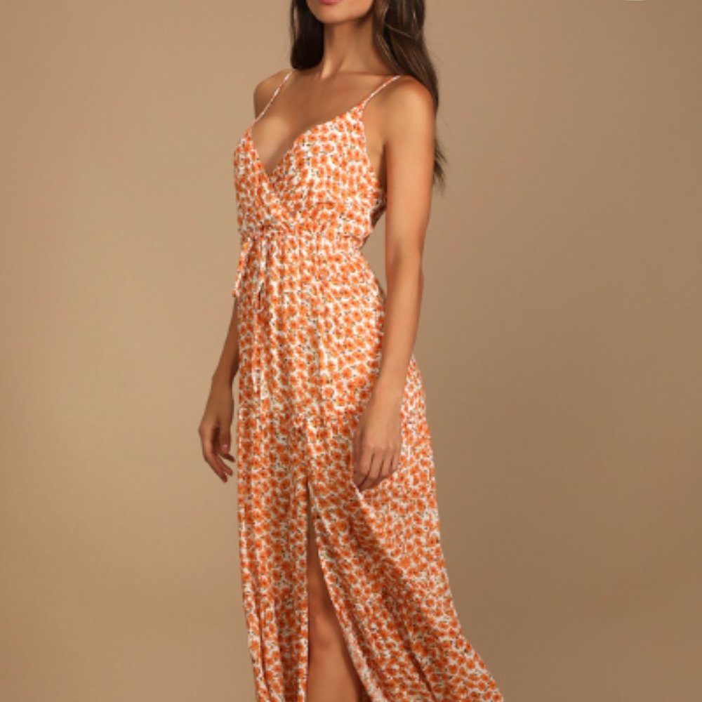 Orange Floral Print Tiered Maxi Dress